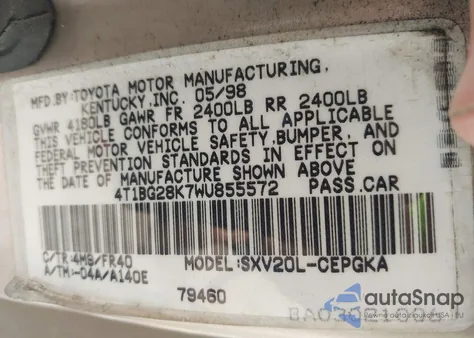 1998 Toyota Camry Xle from USA, damaged, VIN 4T1BG28K7WU855572